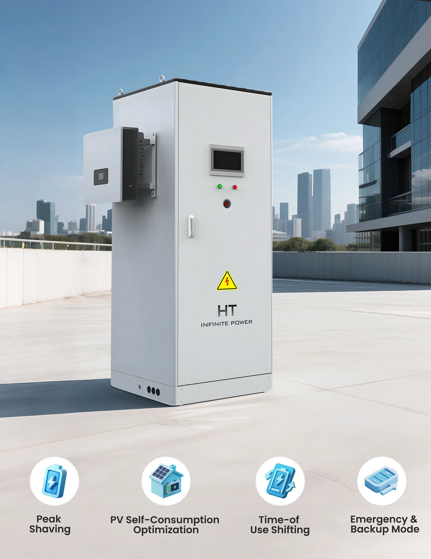 Funciones y características del sistema de almacenamiento de energía para exteriores HT InfinitePower 30 kW 80 kWh